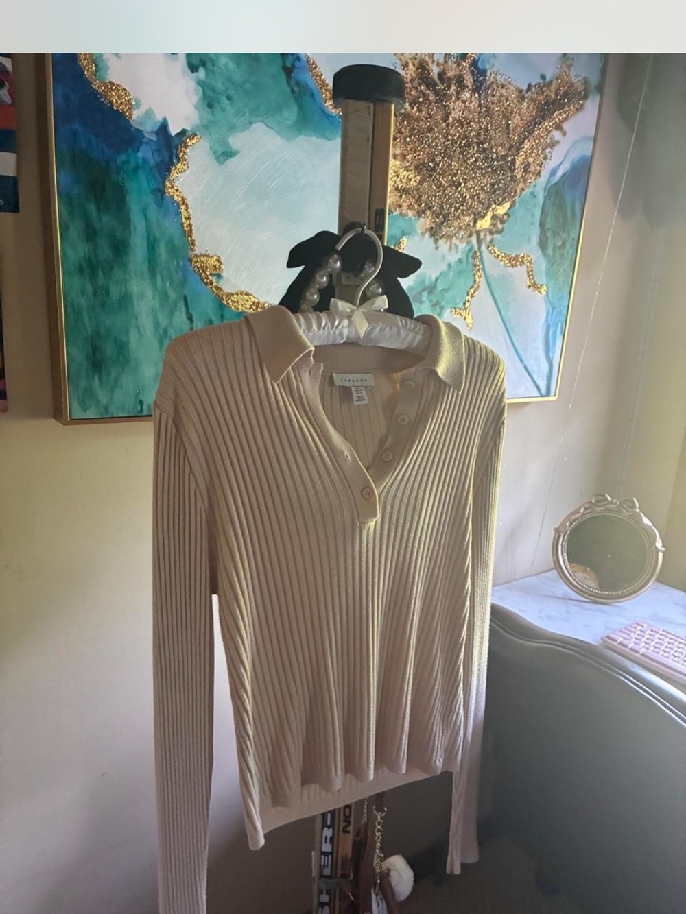 Topshop Ribbed Button-Front Polo Long Sleeve Top in Cream
